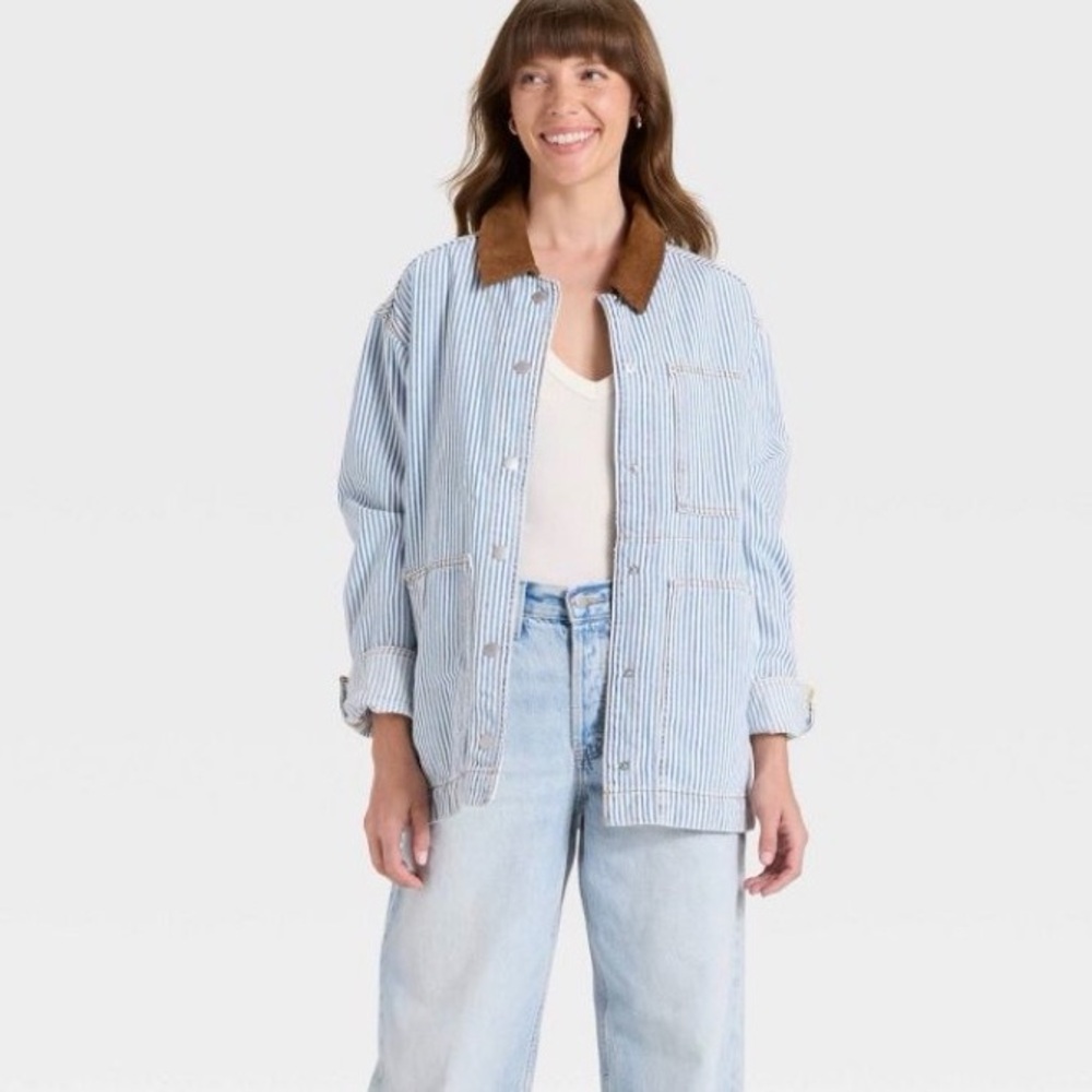Universal Thread Light Blue Striped Workwear Jacket with Brown Collar